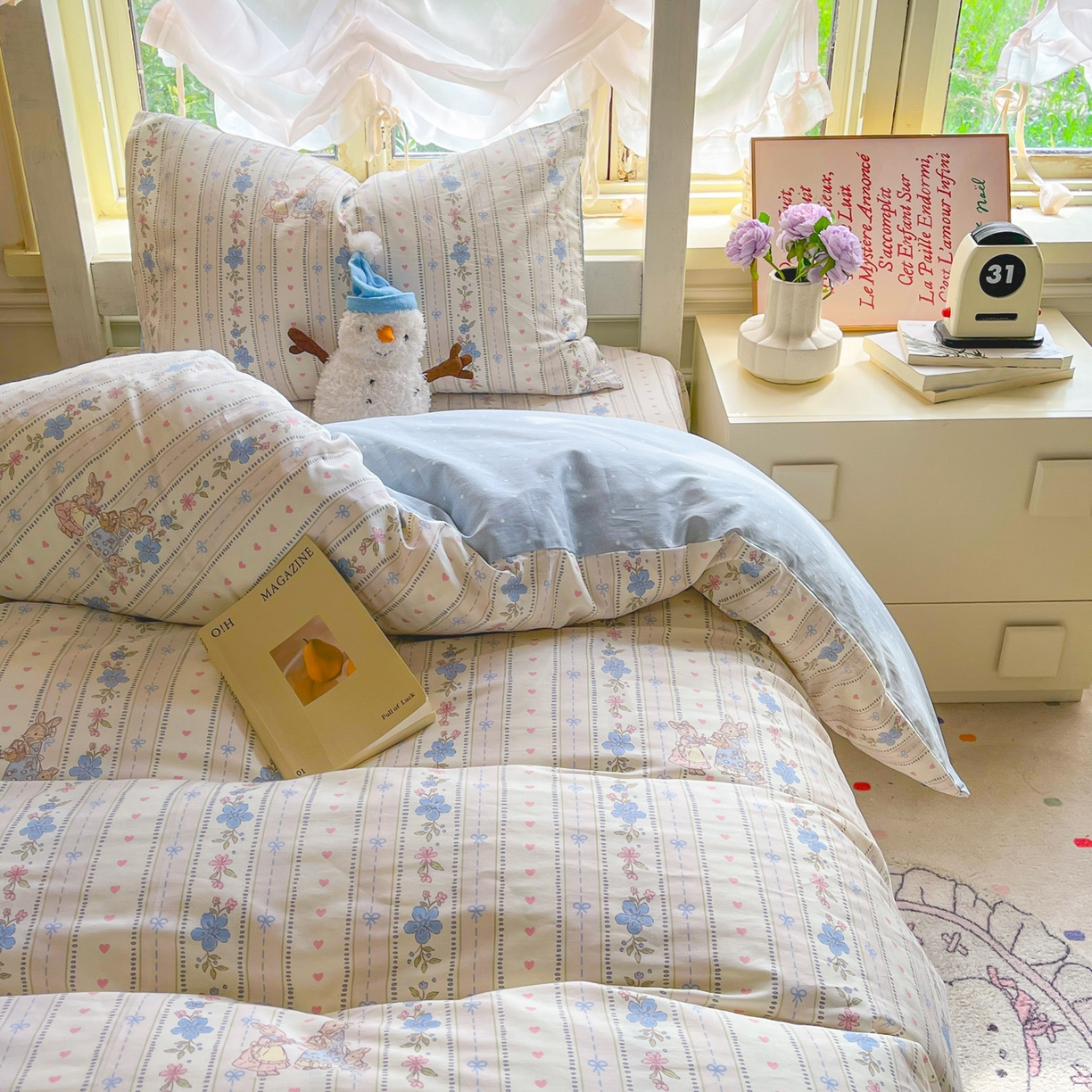 91家纺网 家纺一手货源 找家纺 简约家纺 2026新款全棉印花学生宿舍三件套系列 蓝茵小兔