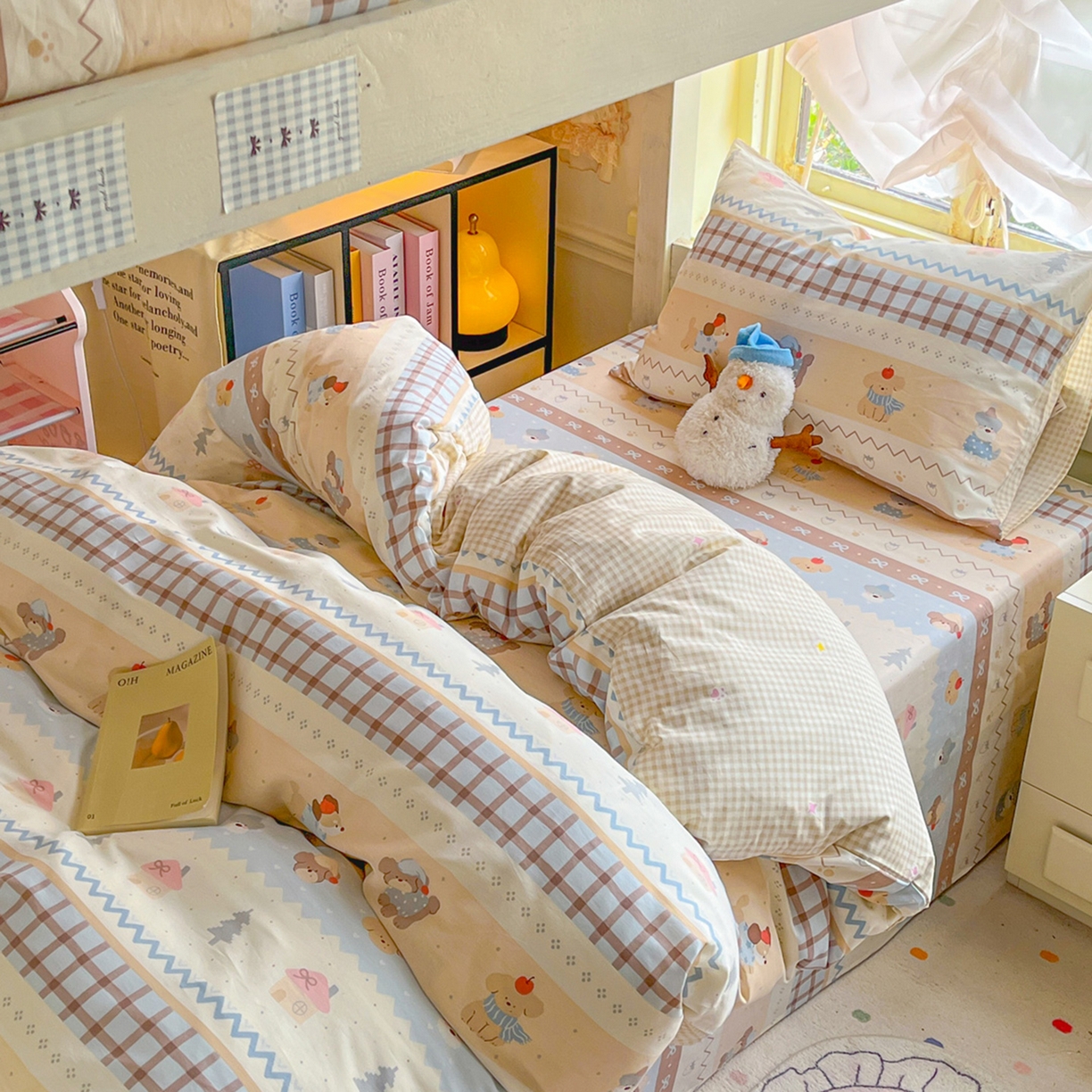 91家纺网 家纺一手货源 找家纺 简约家纺 2026新款全棉印花学生宿舍三件套系列 费尔岛小狗