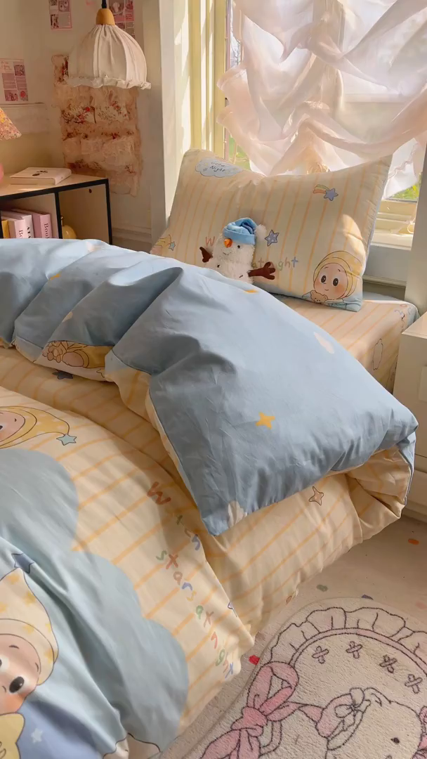 91家纺网 家纺一手货源 找家纺 简约家纺 2026新款全棉印花学生宿舍三件套系列 星语星愿