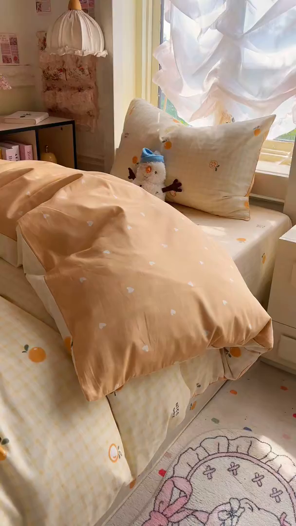 91家纺网 家纺一手货源 找家纺 简约家纺 2026新款全棉印花学生宿舍三件套系列 橘子格