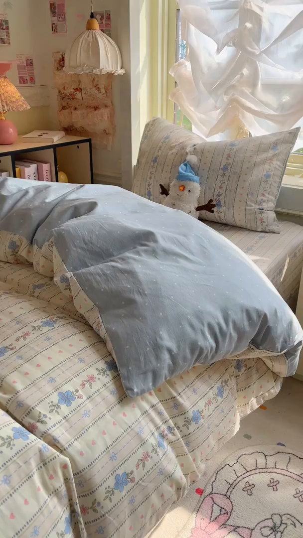 91家纺网 家纺一手货源 找家纺 简约家纺 2026新款全棉印花学生宿舍三件套系列 蓝茵小兔