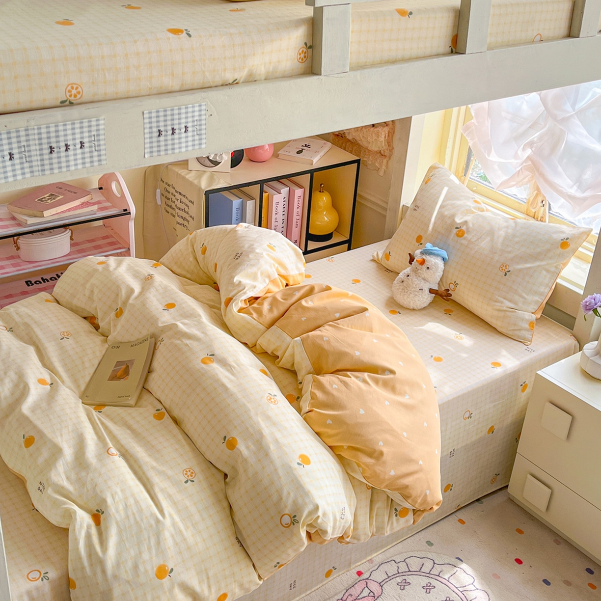91家纺网 家纺一手货源 找家纺 简约家纺 2026新款全棉印花学生宿舍三件套系列 橘子格