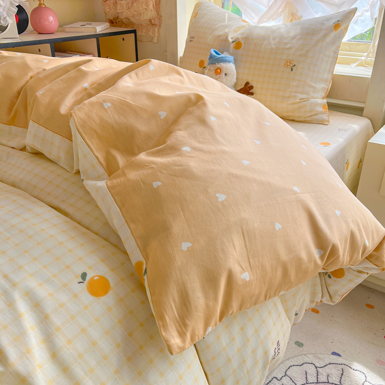 91家纺网 家纺一手货源 找家纺 简约家纺 2026新款全棉印花学生宿舍三件套系列 橘子格