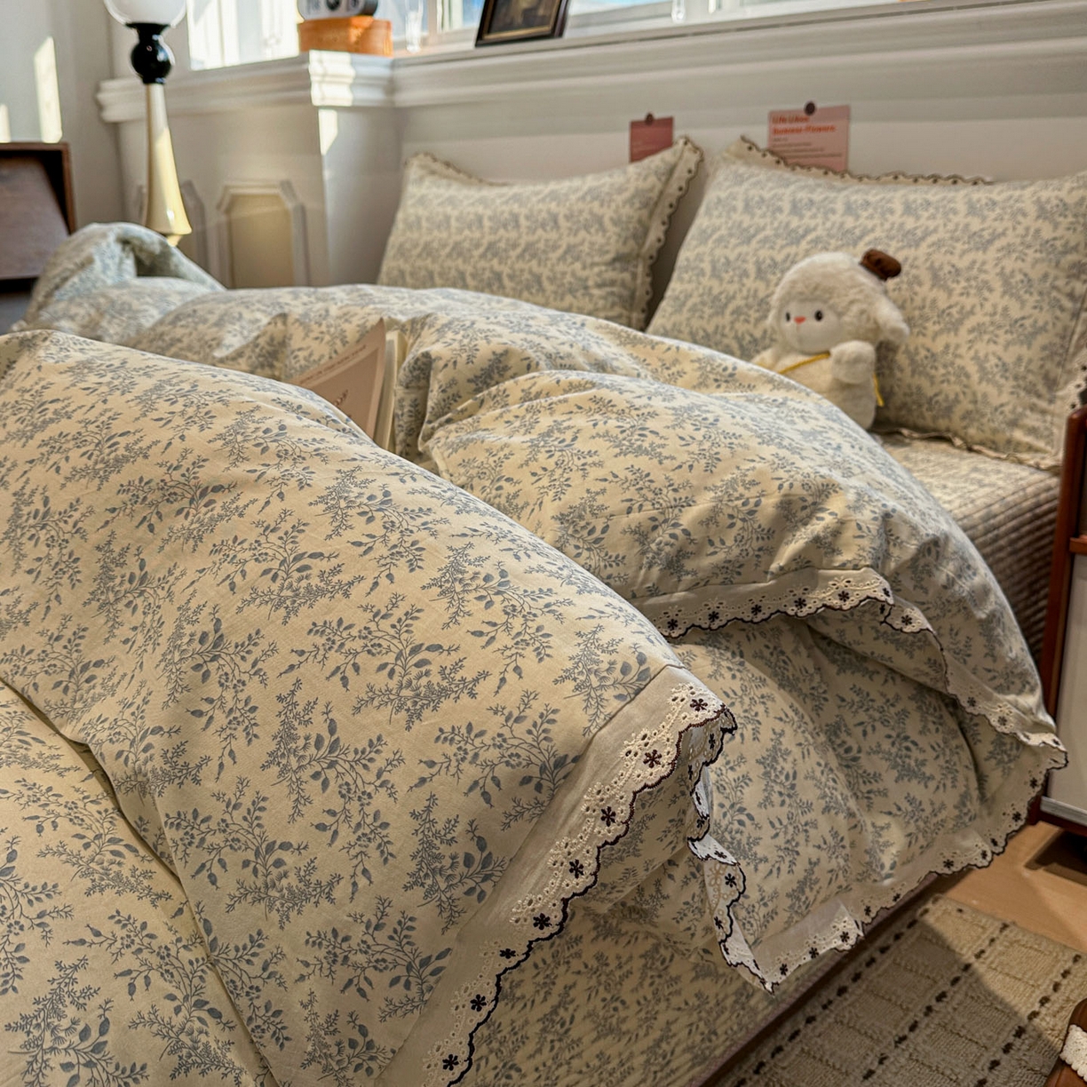 橙子家居 2026新款纯棉法式复古蕾丝花边床盖四件套 枝蔓-浅蓝