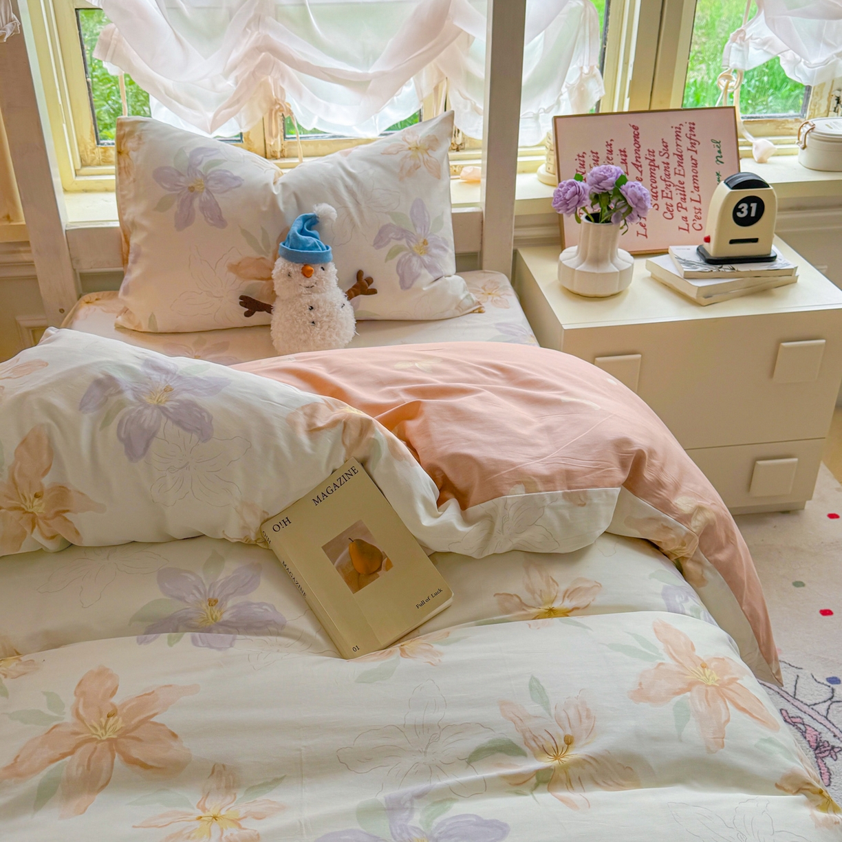 91家纺网 家纺一手货源 找家纺 简约家纺 2026新款全棉印花学生宿舍三件套系列 怡花