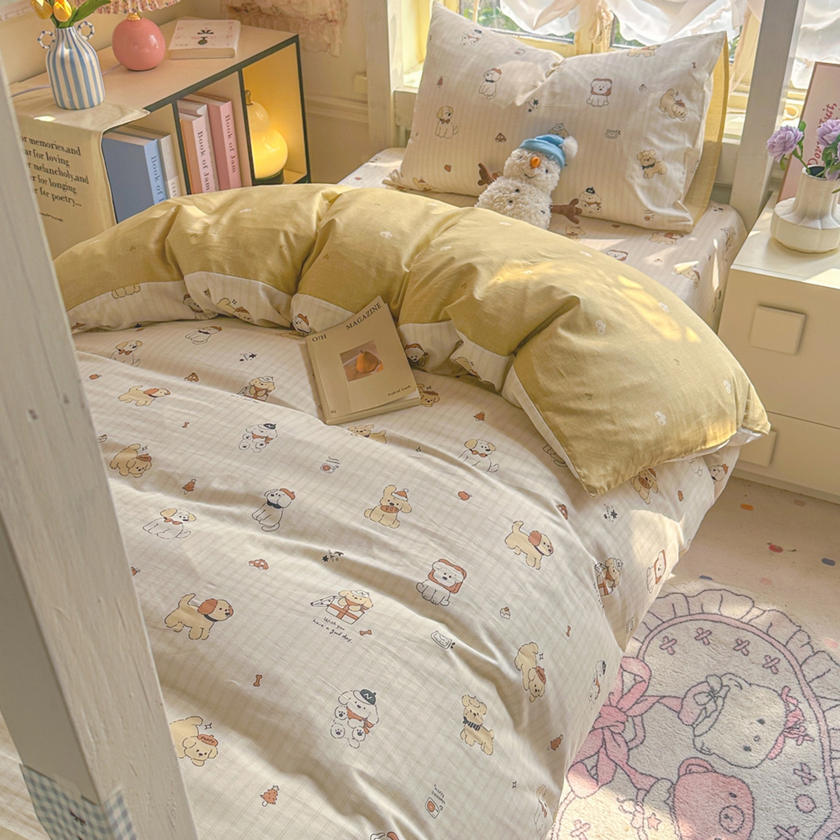 91家纺网 家纺一手货源 找家纺 简约家纺 2026新款全棉印花学生宿舍三件套系列 可爱萌犬