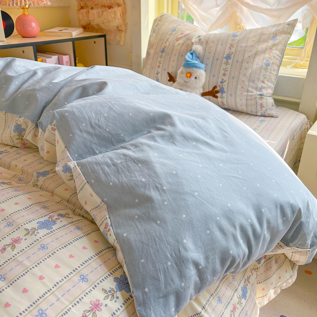 91家纺网 家纺一手货源 找家纺 简约家纺 2026新款全棉印花学生宿舍三件套系列 蓝茵小兔