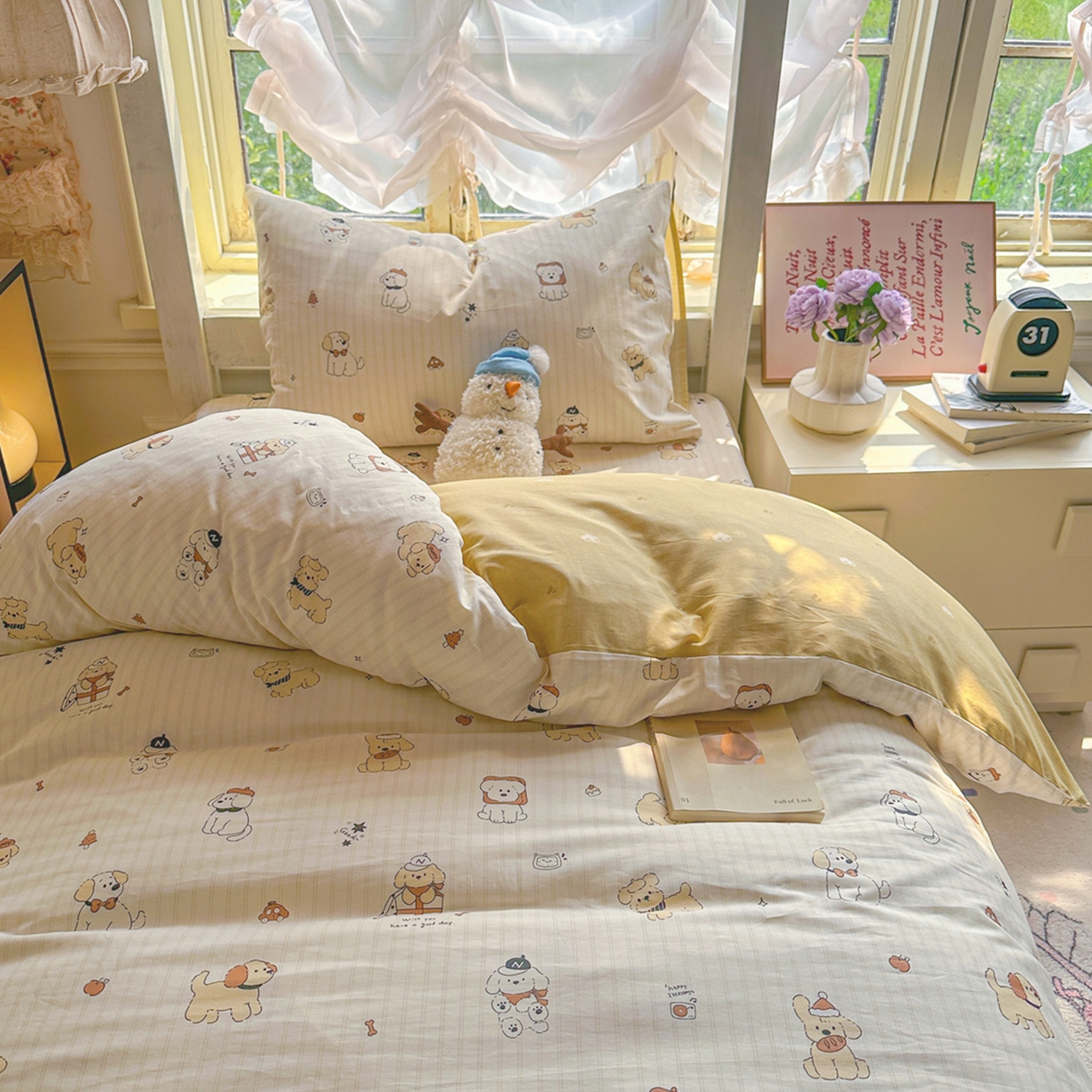 91家纺网 家纺一手货源 找家纺 简约家纺 2026新款全棉印花学生宿舍三件套系列 可爱萌犬