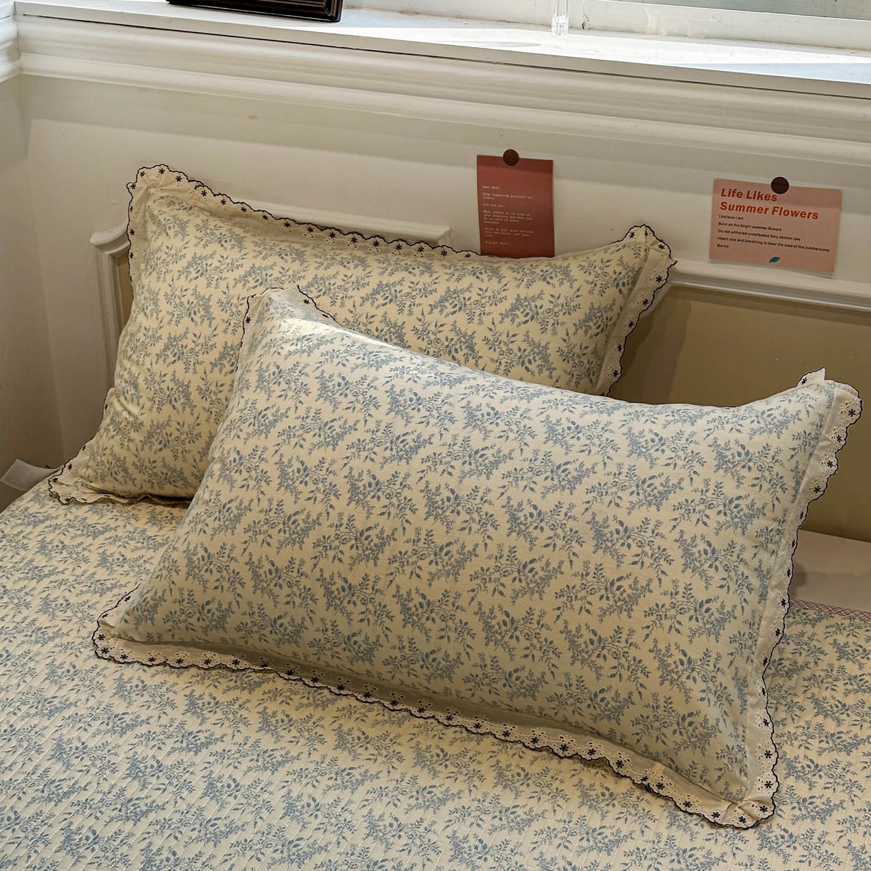 91家纺网 家纺一手货源 找家纺 橙子家居 2026新款纯棉法式复古蕾丝花边床盖四件套 枝蔓-浅蓝