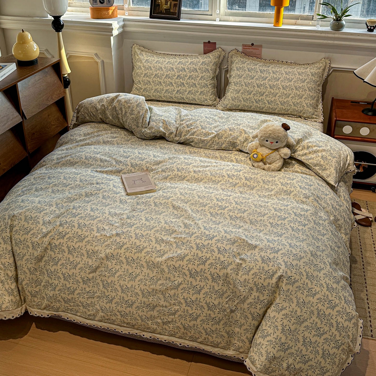 91家纺网 家纺一手货源 找家纺 橙子家居 2026新款纯棉法式复古蕾丝花边床盖四件套 枝蔓-浅蓝