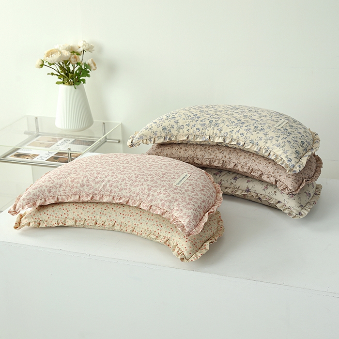 91家纺网 家纺一手货源 找家纺 明星枕业 2026新款韩式花边棉麻月牙荞麦枕可拆洗月亮枕头护颈椎枕芯 组合