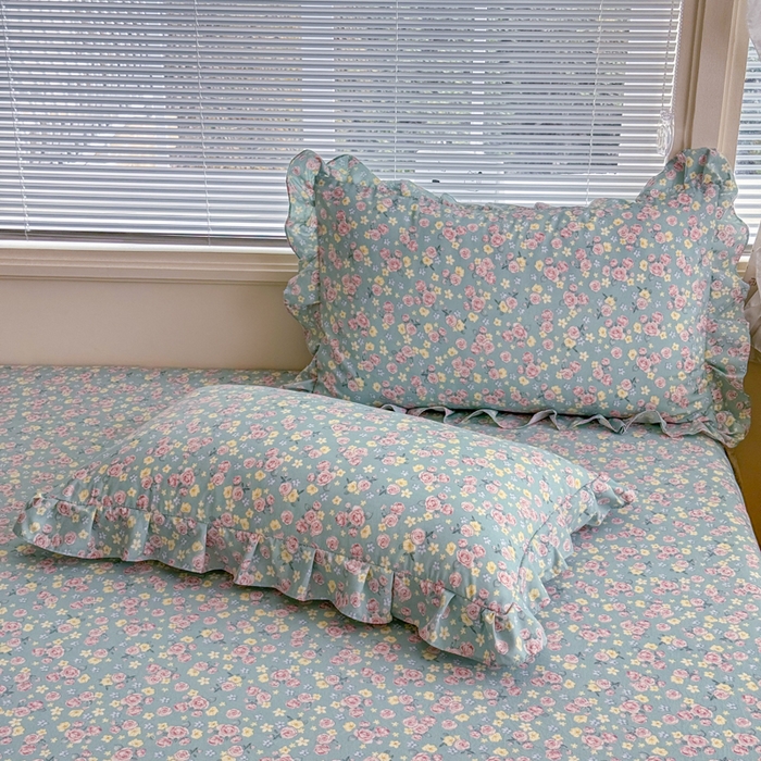 爱多多家居 2026春夏花边款水洗古棉枕套 薄荷玫瑰