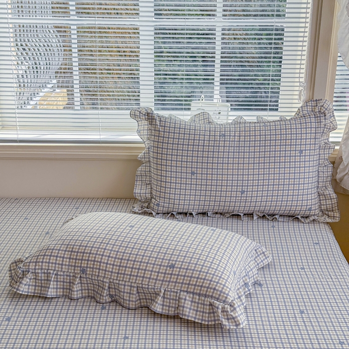 爱多多家居 2026春夏花边款水洗古棉枕套 星野格子