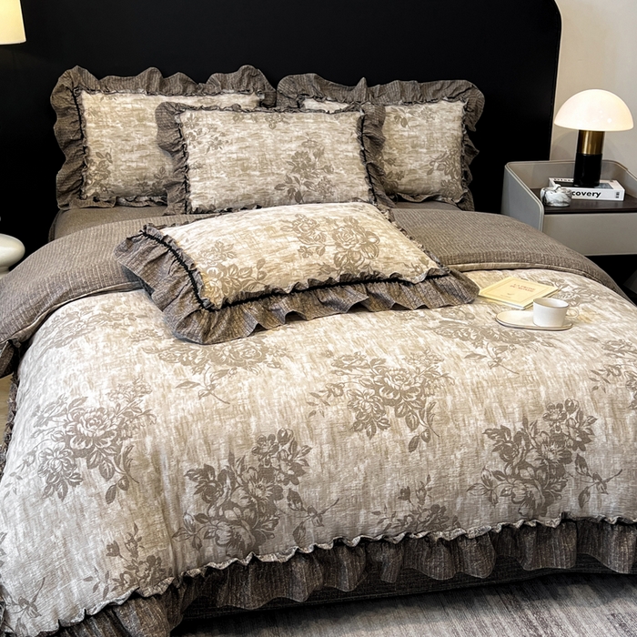 91家纺网 家纺一手货源 找家纺 （总）赛琳 2026新款复古风亚麻原麻花边四件套（有买家秀）