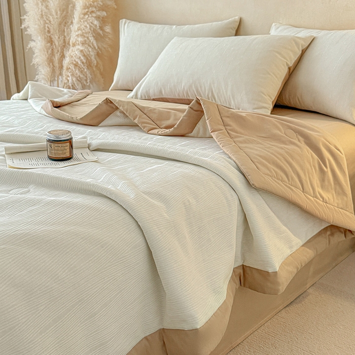 91家纺网 家纺一手货源 找家纺 （总）一加一 2026新款全棉纯棉三层纱色织提花大豆夏被四件套-云棉肌理