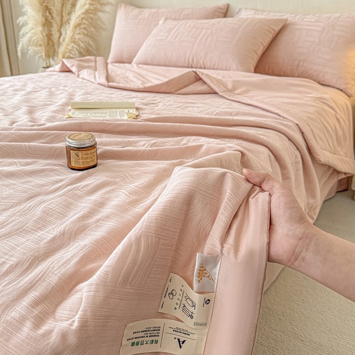 91家纺网 家纺一手货源 找家纺 一加一 2026新款全棉纯棉三层纱色织提花大豆夏被四件套-云棉肌理 幻纤影（粉金）