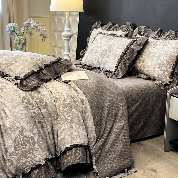 91家纺网 家纺一手货源 找家纺 赛琳 2026新款复古风亚麻原麻花边四件套（有买家秀） 枯木生花