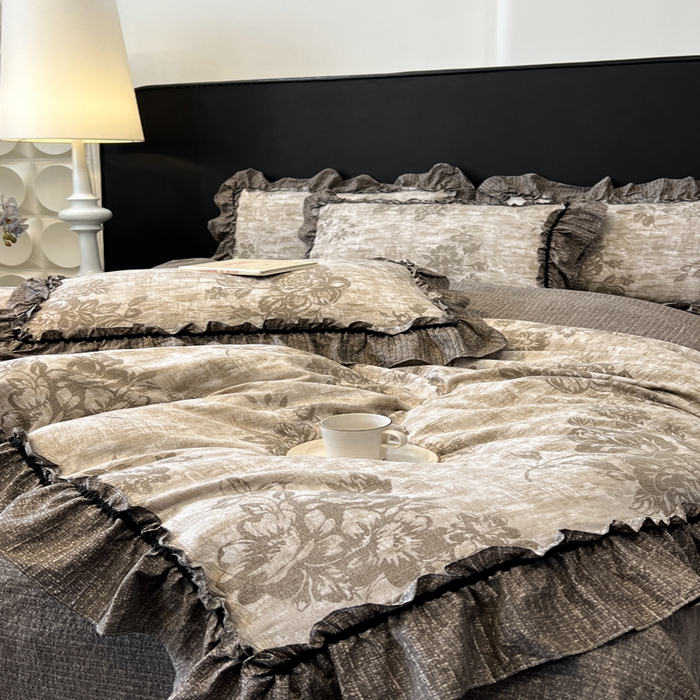 91家纺网 家纺一手货源 找家纺 赛琳 2026新款复古风亚麻原麻花边四件套（有买家秀） 枯木生花