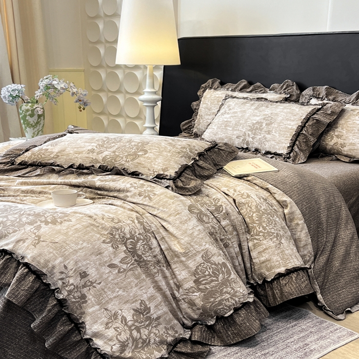 91家纺网 家纺一手货源 找家纺 赛琳 2026新款复古风亚麻原麻花边四件套（有买家秀） 枯木生花