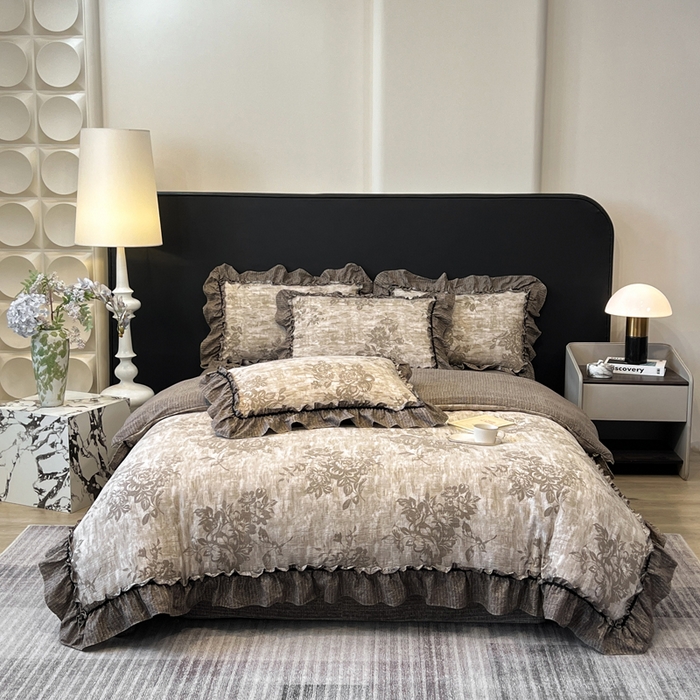 91家纺网 家纺一手货源 找家纺 赛琳 2026新款复古风亚麻原麻花边四件套（有买家秀） 枯木生花