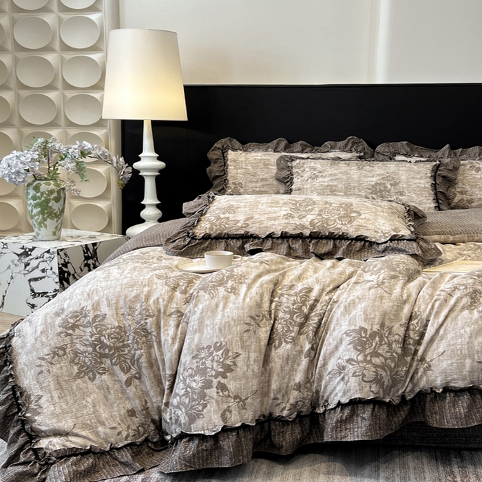 91家纺网 家纺一手货源 找家纺 赛琳 2026新款复古风亚麻原麻花边四件套（有买家秀） 枯木生花