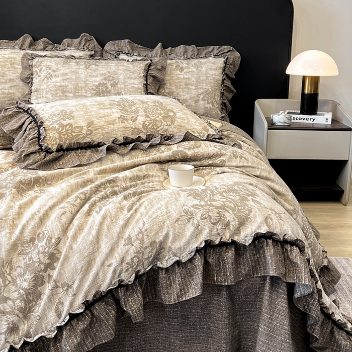 91家纺网 家纺一手货源 找家纺 赛琳 2026新款复古风亚麻原麻花边四件套（有买家秀） 枯木生花