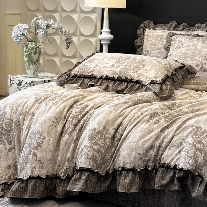 91家纺网 家纺一手货源 找家纺 赛琳 2026新款复古风亚麻原麻花边四件套（有买家秀） 枯木生花