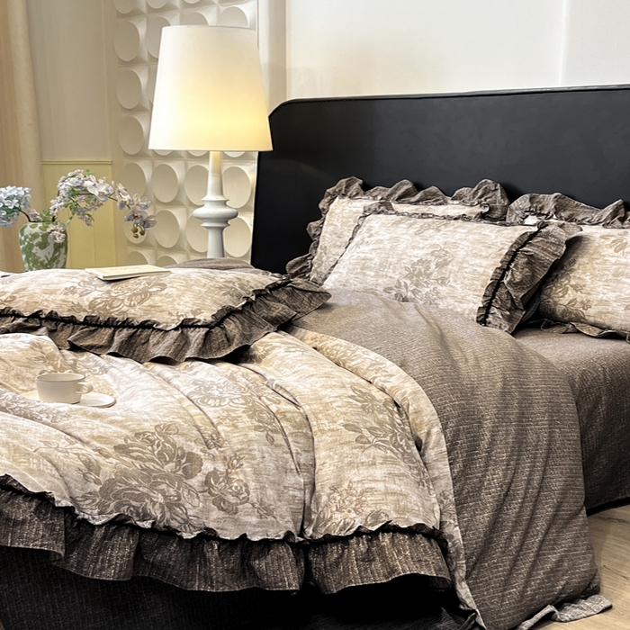 91家纺网 家纺一手货源 找家纺 赛琳 2026新款复古风亚麻原麻花边四件套（有买家秀） 枯木生花