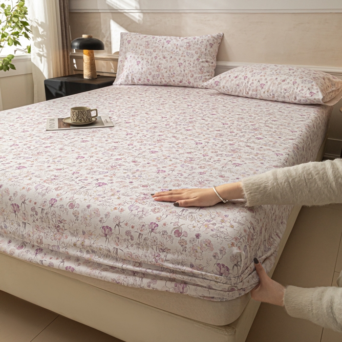 91家纺网 家纺一手货源 找家纺 爱彼家纺 2026新款A类纯棉提花老粗布床笠单件床笠三件套提花床笠-系列一 全棉提花-05柔紫花漾