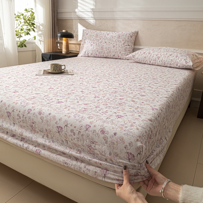 91家纺网 家纺一手货源 找家纺 爱彼家纺 2026新款A类纯棉提花老粗布床笠单件床笠三件套提花床笠-系列一 全棉提花-05柔紫花漾