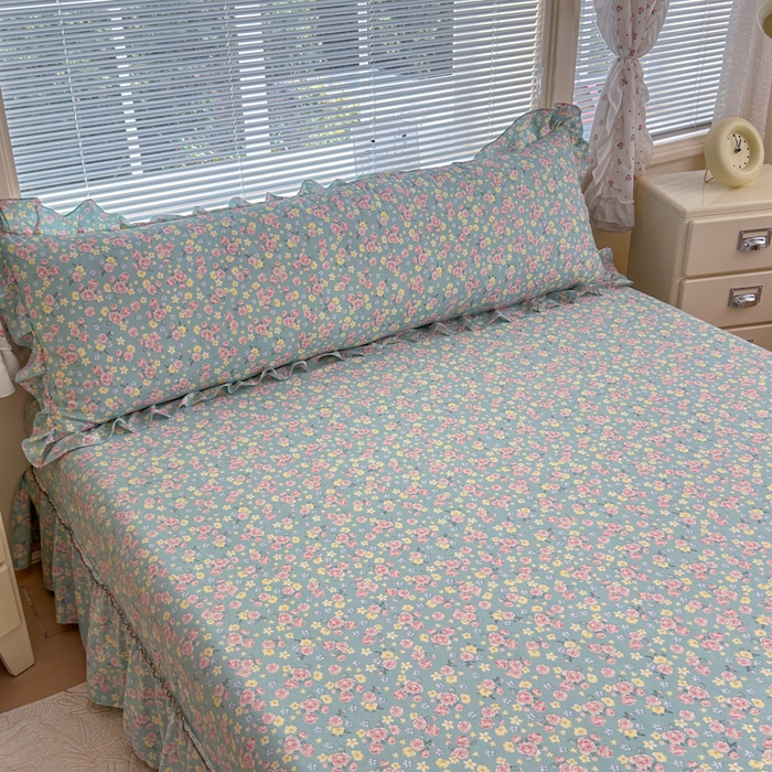 爱多多家居 2026春夏花边款水洗古棉枕套长枕套 床裙-薄荷玫瑰