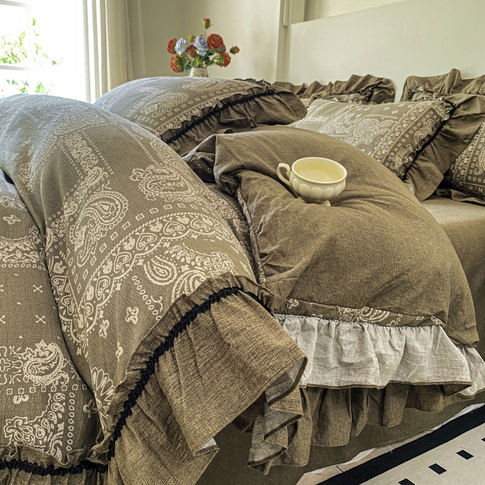 91家纺网 家纺一手货源 找家纺 赛琳 2026新款复古风亚麻原麻花边四件套（有买家秀） 绿野仙踪