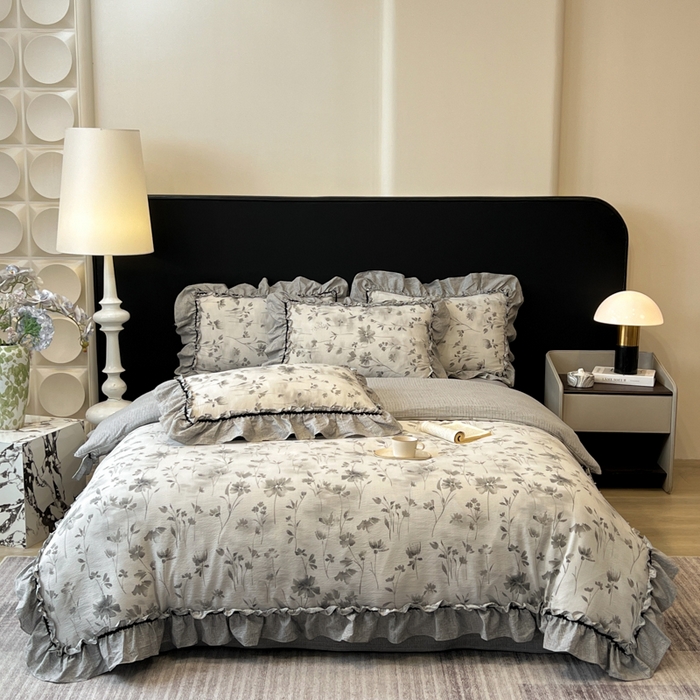 91家纺网 家纺一手货源 找家纺 赛琳 2026新款复古风亚麻原麻花边四件套（有买家秀） 秘境烟雨