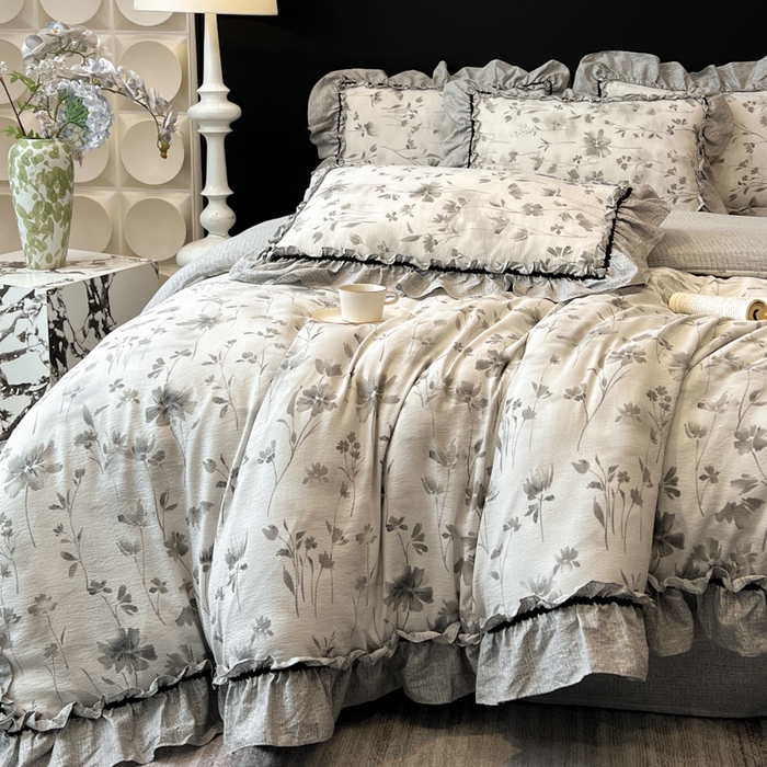 91家纺网 家纺一手货源 找家纺 赛琳 2026新款复古风亚麻原麻花边四件套（有买家秀） 秘境烟雨