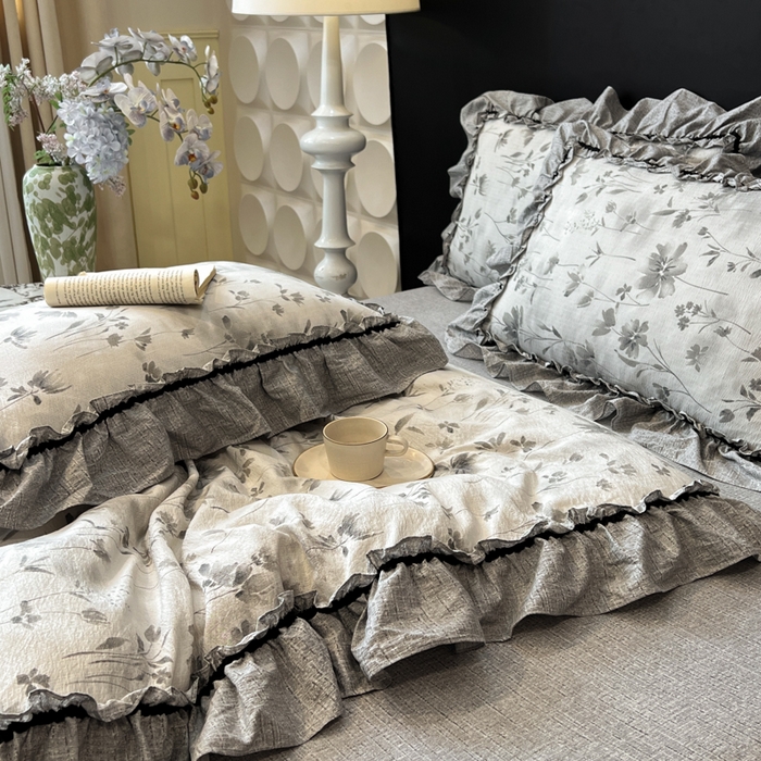 91家纺网 家纺一手货源 找家纺 赛琳 2026新款复古风亚麻原麻花边四件套（有买家秀） 秘境烟雨