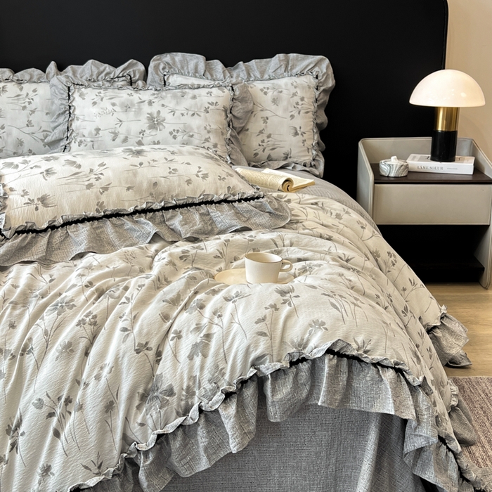 91家纺网 家纺一手货源 找家纺 赛琳 2026新款复古风亚麻原麻花边四件套（有买家秀） 秘境烟雨