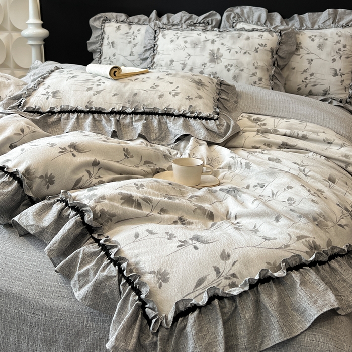 91家纺网 家纺一手货源 找家纺 赛琳 2026新款复古风亚麻原麻花边四件套（有买家秀） 秘境烟雨