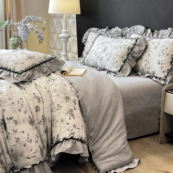 91家纺网 家纺一手货源 找家纺 赛琳 2026新款复古风亚麻原麻花边四件套（有买家秀） 秘境烟雨