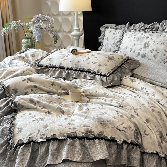 91家纺网 家纺一手货源 找家纺 赛琳 2026新款复古风亚麻原麻花边四件套（有买家秀） 秘境烟雨