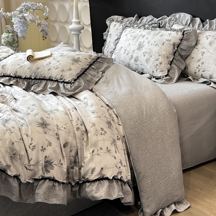 91家纺网 家纺一手货源 找家纺 赛琳 2026新款复古风亚麻原麻花边四件套（有买家秀） 秘境烟雨