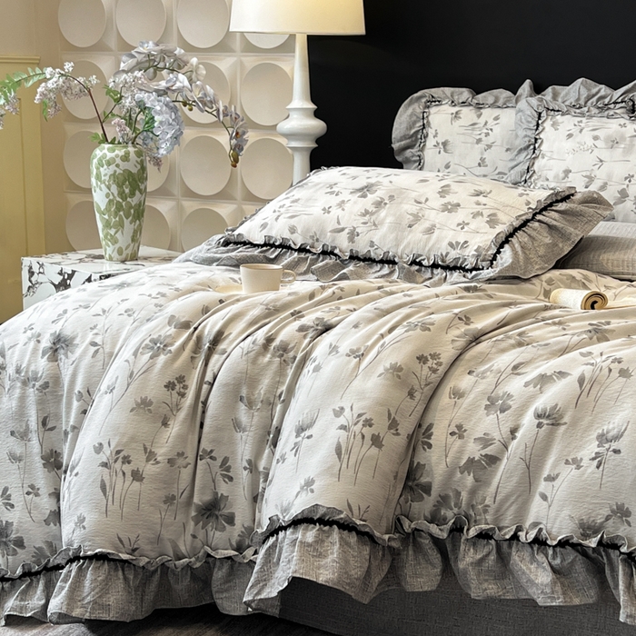 91家纺网 家纺一手货源 找家纺 赛琳 2026新款复古风亚麻原麻花边四件套（有买家秀） 秘境烟雨