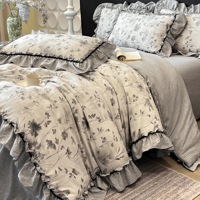 91家纺网 家纺一手货源 找家纺 赛琳 2026新款复古风亚麻原麻花边四件套（有买家秀） 秘境烟雨