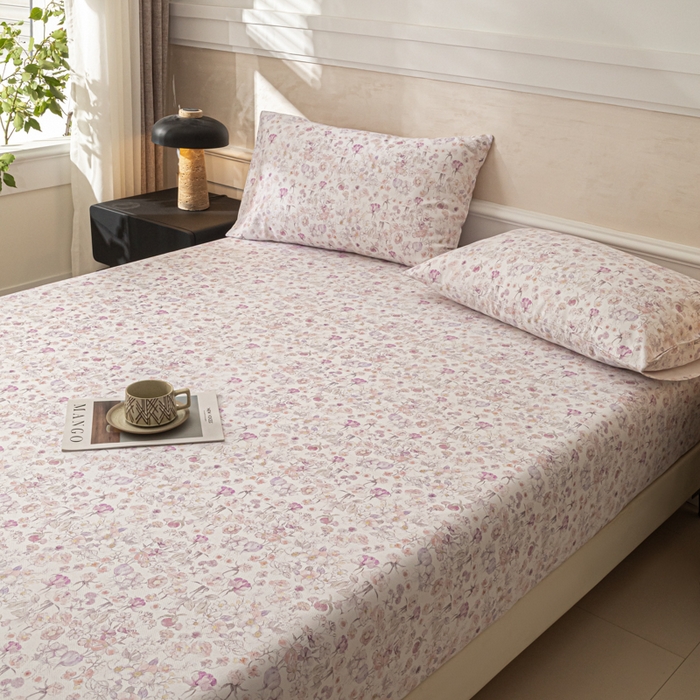 91家纺网 家纺一手货源 找家纺 爱彼家纺 2026新款A类纯棉提花老粗布床笠单件床笠三件套提花床笠-系列一 全棉提花-05柔紫花漾