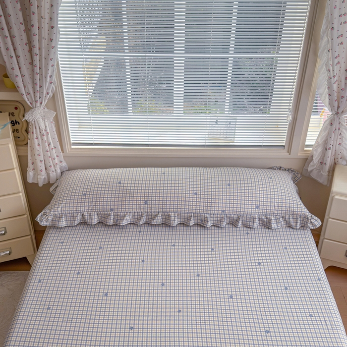 91家纺网 家纺一手货源 找家纺 爱多多家居 2026春夏花边款水洗古棉枕套长枕套 床裙-星野格子