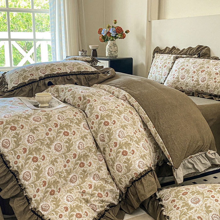 91家纺网 家纺一手货源 找家纺 赛琳 2026新款复古风亚麻原麻花边四件套（有买家秀） 太阳花