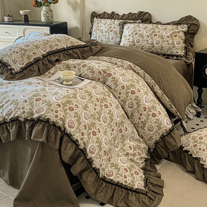 91家纺网 家纺一手货源 找家纺 赛琳 2026新款复古风亚麻原麻花边四件套（有买家秀） 太阳花