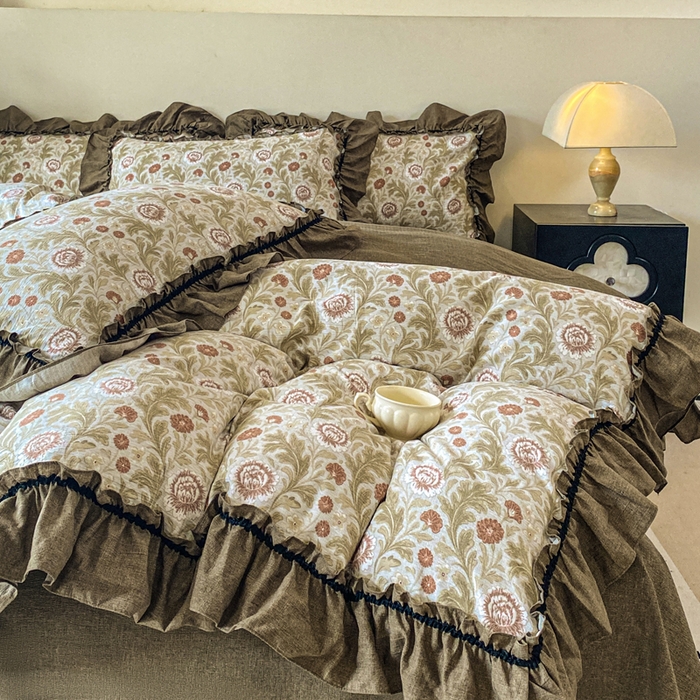 91家纺网 家纺一手货源 找家纺 赛琳 2026新款复古风亚麻原麻花边四件套（有买家秀） 太阳花