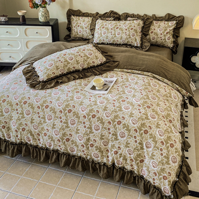 91家纺网 家纺一手货源 找家纺 赛琳 2026新款复古风亚麻原麻花边四件套（有买家秀） 太阳花