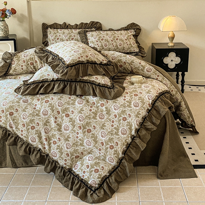 91家纺网 家纺一手货源 找家纺 赛琳 2026新款复古风亚麻原麻花边四件套（有买家秀） 太阳花