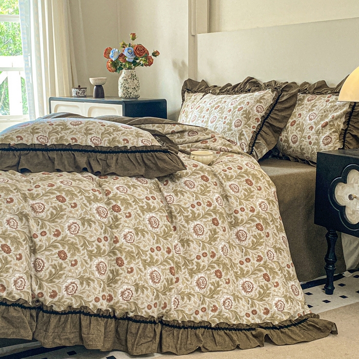 91家纺网 家纺一手货源 找家纺 赛琳 2026新款复古风亚麻原麻花边四件套（有买家秀） 太阳花